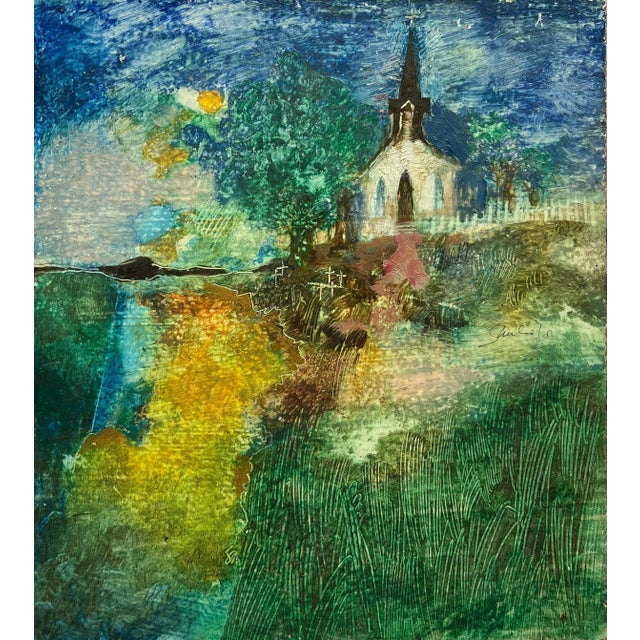 Abstract "Church on a Hill" Acrylic Painting on Board For Sale - Image 3 of 7