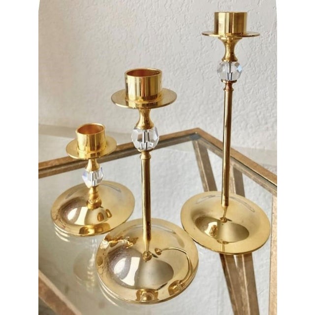 Late 20th-Century Hollywood Regency-Style Brass & Crystal Graduated Candlestick Trio, Hong Kong For Sale - Image 11 of 16