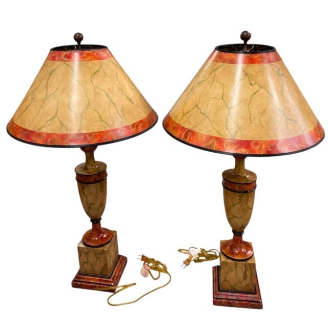 2000 - 2009 Vintage Neoclassical Faux Marble Painted Wooden Table Lamps With Matching Shades - a Pair For Sale - Image 5 of 12