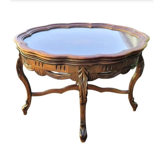 Brown 1950s Rococo Style Carved and Burled Walnut Glass Tray Top Oval Side Table For Sale - Image 8 of 12