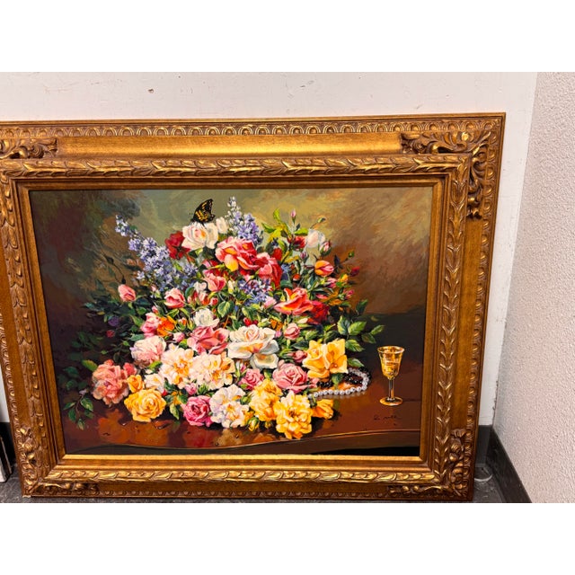 Gold Vintage S. Maez Floral Still Life Oil Painting, Signed For Sale - Image 8 of 12