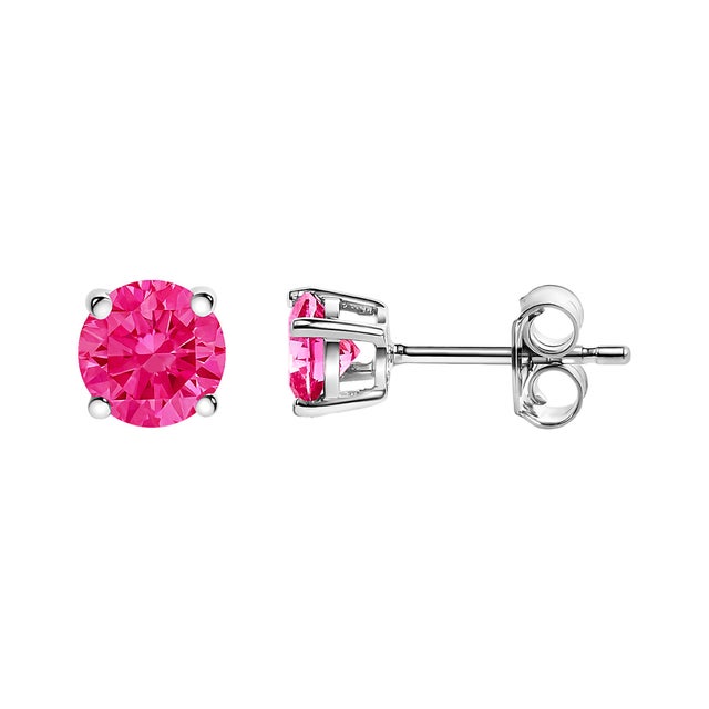 Contemporary 10K White Gold 1/2 Cttw Lab Created Round Brilliant Cut Pink Diamond Classic 4-Prong Solitaire Stud Earrings (Fancy Pink Color, VVS2-VS1 Clarity) For Sale - Image 3 of 6