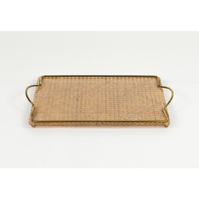 Mid-Century Modern Mid-Century Acrylic Glass, Rattan and Brass Serving Tray in the style of Christian Dior, Italy, 1970s For Sale - Image 3 of 13