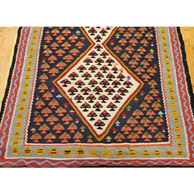 Vintage Persian Senneh Kilim, Flat-Woven Wool Rug, Paisley Pattern, Ivory & Black, 3x6 For Sale - Image 10 of 15