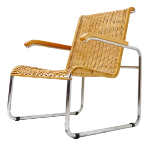 Vintage Tubular Steel and Wicker Armchair by Marcel Breuer