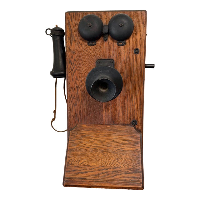 Late 20th Century American Electric Wood and Bakelite Antique Wall Crank Phone For Sale