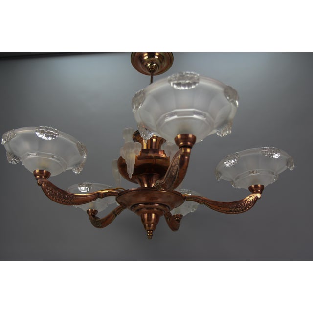 Art Deco French Frosted Glass, Brass, and Copper Chandelier, 1930s For Sale - Image 9 of 18