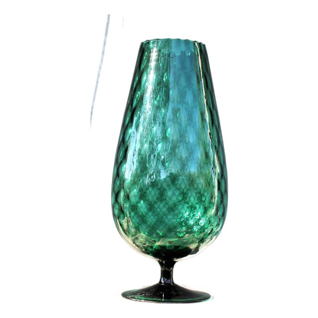 Vintage Green Hand-Blown Art Glass Vase with Textured Surface and Pedestal Base, 1960s For Sale