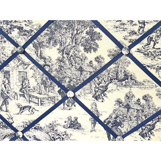 Chinoiserie Custom Upholstered Blue and White Toile French Memory Board Bulletin Board With Navy Grosgrain Ribbon For Sale - Image 3 of 10