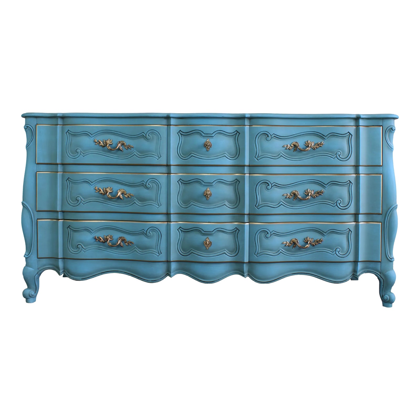 1970s Vintage French Provincial Light Blue Dresser of Nine Drawers |  Chairish