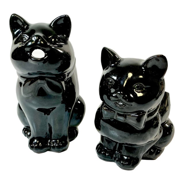 1950s Vintage Americana Boho Chic Majolica Black Cat Cream and Sugar - Set of 2, Halloween. For Sale