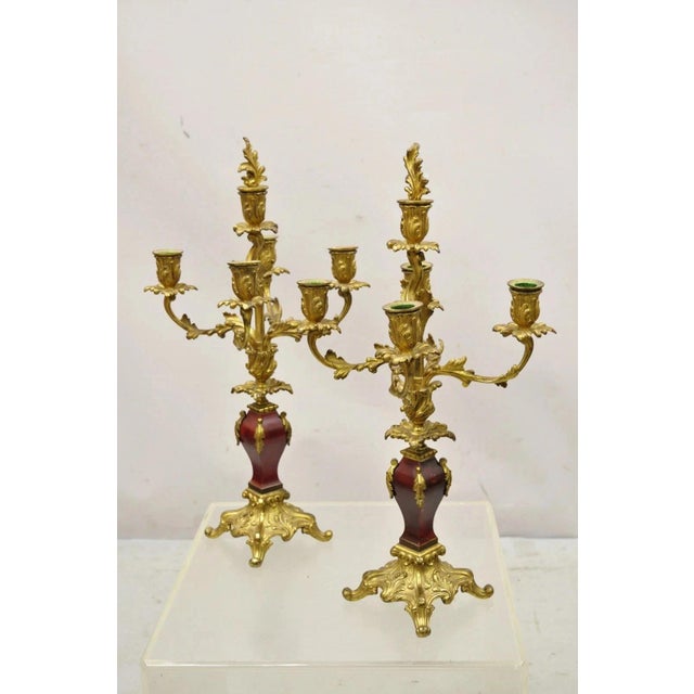 Antique French Louis XV Rococo Style Gold Gilt Bronze Candelabras - a Pair. Item features removable flower finial...