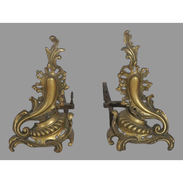Pair of Antique French Rococo Baroque Style Gilt Metal Fireplace Andirons Chenets For Sale - Image 6 of 7