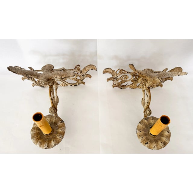 Shabby Chic Pair of Antique French Cast Iron Sconces With Birds For Sale - Image 3 of 9