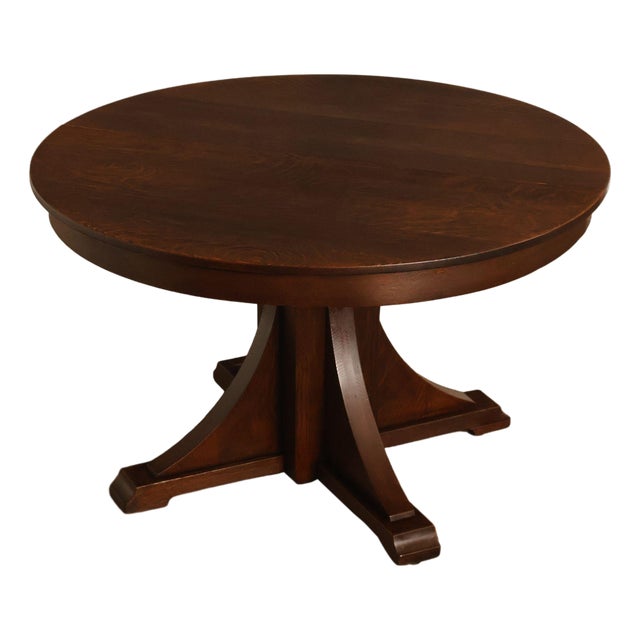 Antique Stickley Brothers 48" Round Oak Dining Table w/2 leaves For Sale