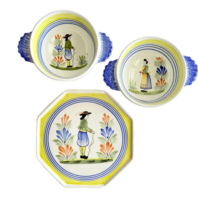 Henriot Quimper Faience Breton Trivet and 2 Lug Bowls - Set of 3 For Sale