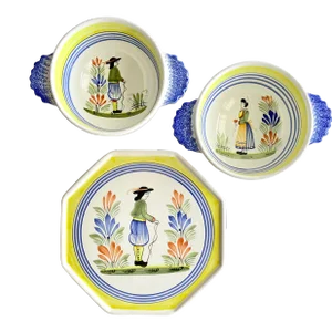 Henriot Quimper Faience Breton Trivet and 2 Lug Bowls - Set of 3