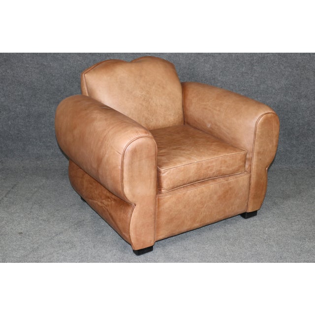 Pair Restored French Art Deco Style Leather Distressed Moustache Club Chairs For Sale - Image 4 of 14