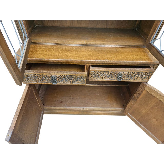 1970s Vintage Oak Wood Bros Jacobean Cabinet Leaded Glass Hutch Bookshelf Old Charm For Sale - Image 9 of 12