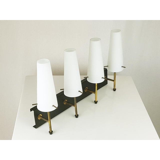 Mid-Century Modern Black Metal, Brass & Opaline Glass 4-Light Wall Lamps, 1950s, Set of 5 For Sale - Image 3 of 15
