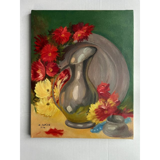 Paint 1970s' Vintage Still Life Painting of a Pitcher and Colorful Flowers For Sale - Image 7 of 10