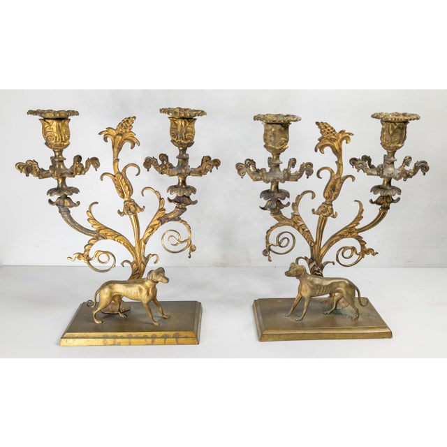Traditional 19th Century Pair of French Regency Gilt Bronze Candleholders With Greyhound Dogs For Sale - Image 3 of 14