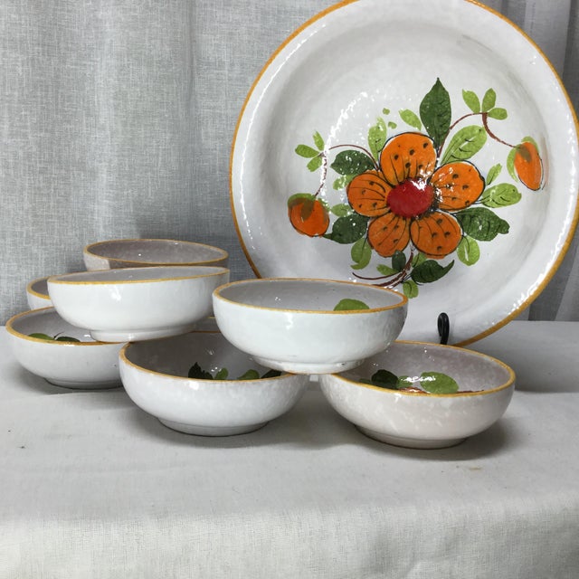 Mid 20th Century Mid 20th Century Italian Salad Bowl Set in Glazed Terra Cotta With Orange Floral Design - 9 PCS For Sale - Image 5 of 11