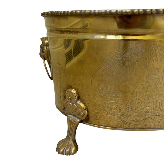 Vintage Asian Motif Lion Head Oval Brass Cachepot Planter For Sale - Image 4 of 9