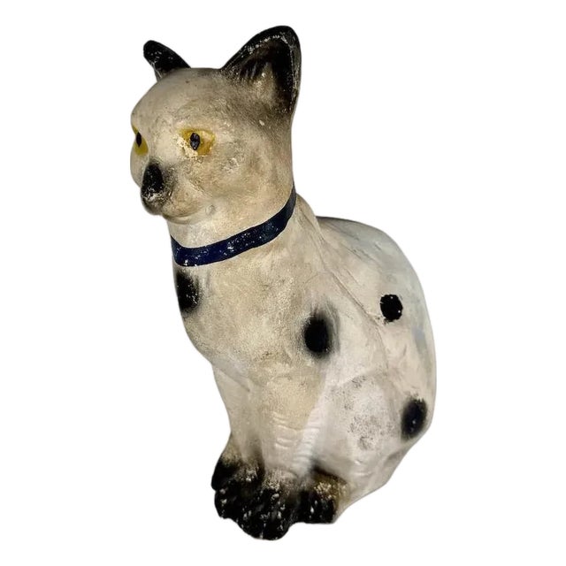 Antique Folk Art Chalkware Spotted Tabby Cat Figurine For Sale