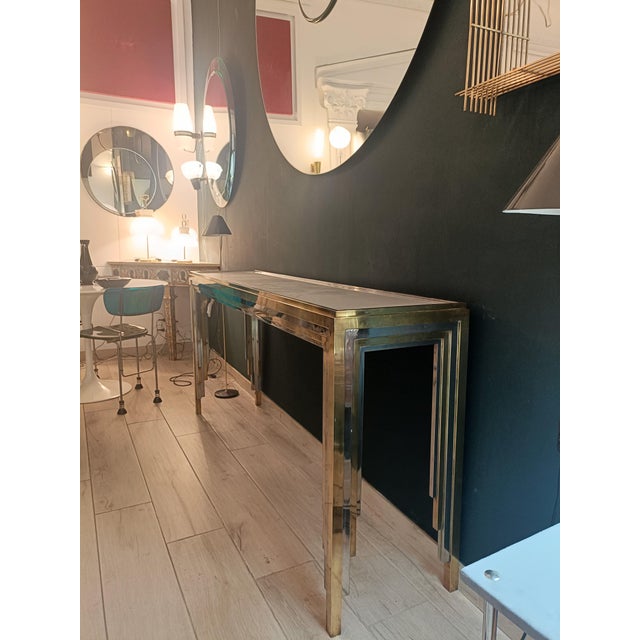 Mid-Century Modern Brass and Chrome Console Table with Backlit Glass Top, Italy, 1970s For Sale - Image 3 of 7