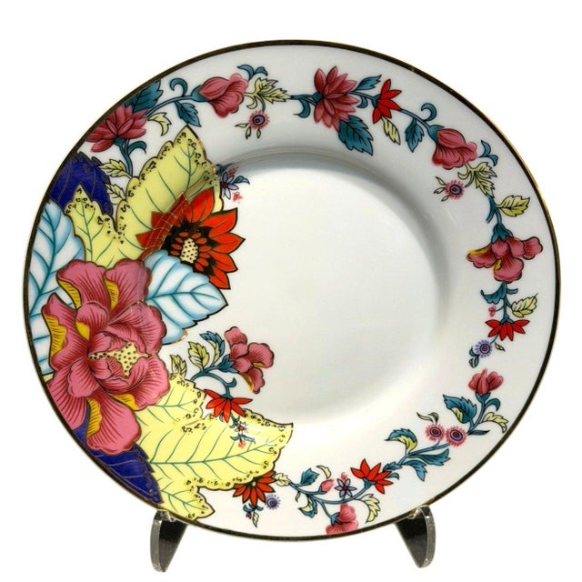 Traditional Late 20th Century Imperial Leaf Tobacco Leaf Floral Flat Cup Saucer Gold Trim China For Sale - Image 3 of 3