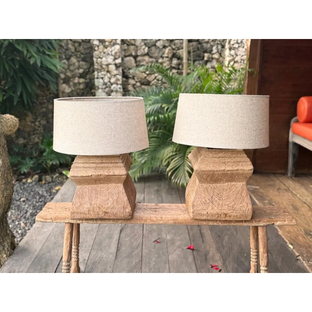 2020s Set of 2 Large Antique Javanese Teak Column Base Lamps, Modern Organic For Sale - Image 5 of 10
