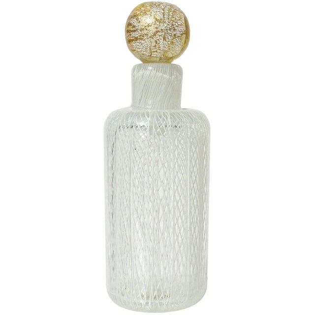 Glass Vintage Murano Seguso White Ribbons Gold Leaf Stopper Italian Art Glass Perfume Vanity Bottle For Sale - Image 7 of 7