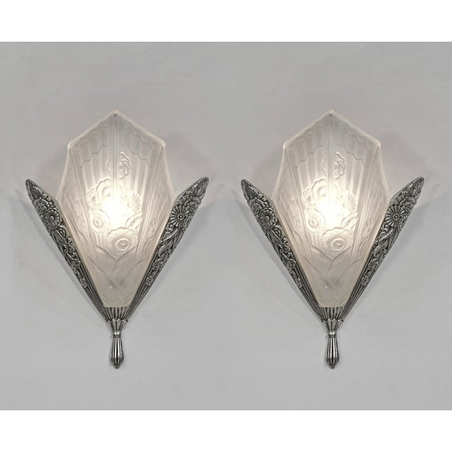 Wall sconces by Ets. Jean Gauthier A nice pair of French 1930 art deco wall lights in nickel plated solid brass or bronze...