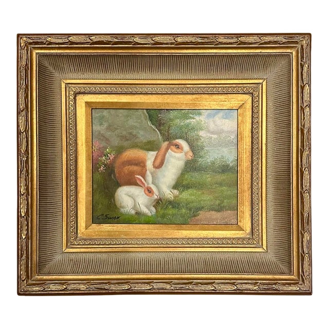 Vintage Gilt Framed Bunnies / Two Rabbits Oil on Canvas Painting, Signed For Sale