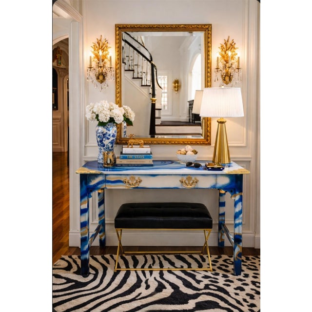 Hollywood Regency 1960s Writing Desk | Hand Painted Blue Geode Inspired Desk With Gold Accents | One-of-a-Kind Statement Furniture For Sale - Image 3 of 9