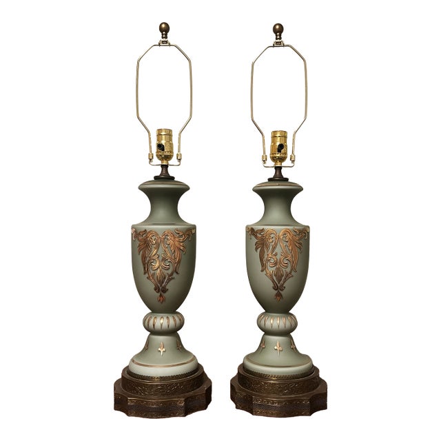 1930s Victorian Neoclassical Celadon Glass Table Lamps With Gold Accents and Detailed Filigree Ormolu Bases, a Pair For Sale