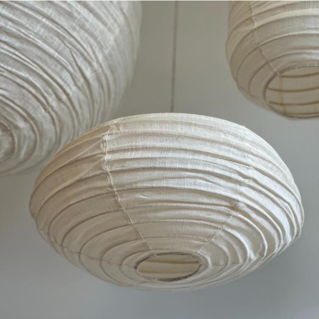 Textile Oval Flattened Pendant Light in Rattan and Natural Linen, 1980s For Sale - Image 7 of 8
