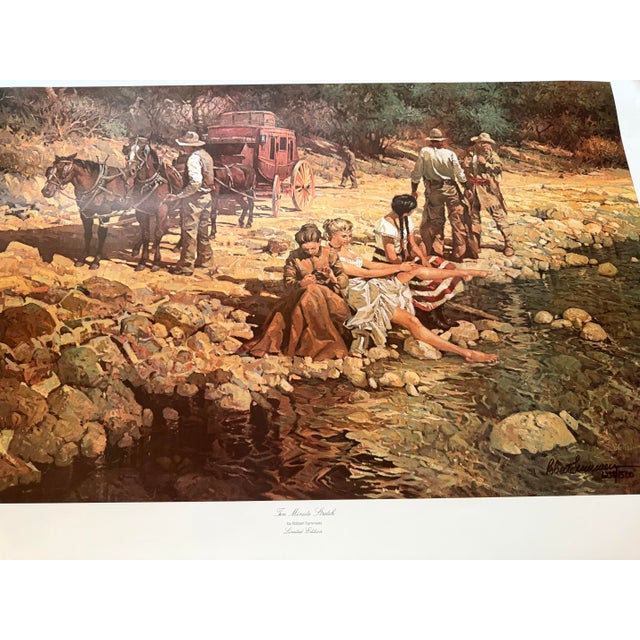 Robert Summer’s signed print number 1238 of 1500. The print depicts stage coach travelers in America’s Old West enjoying a...