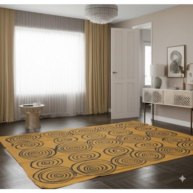 Contemporary 6x9 Stylish Iris Goldenrod Kilim Fluid Spirals Modern Handwoven Wool Carpet Rug For Sale - Image 3 of 7