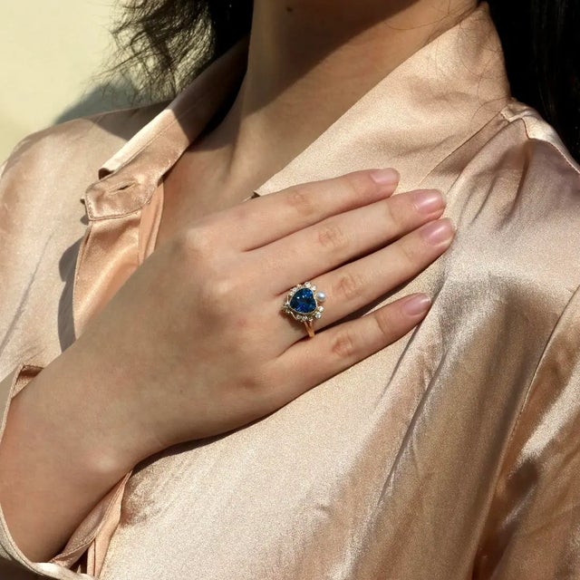 Kai "On My Heart" London Blue Topaz Diamond Pearl Cocktail Ring, size 8.5 For Sale In Los Angeles - Image 6 of 12