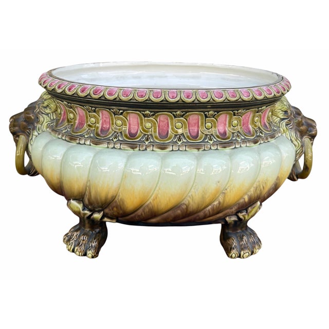 Antique Art Nouveau Lion Head Majolica Pottery Jardiniere by Julius Dressler.