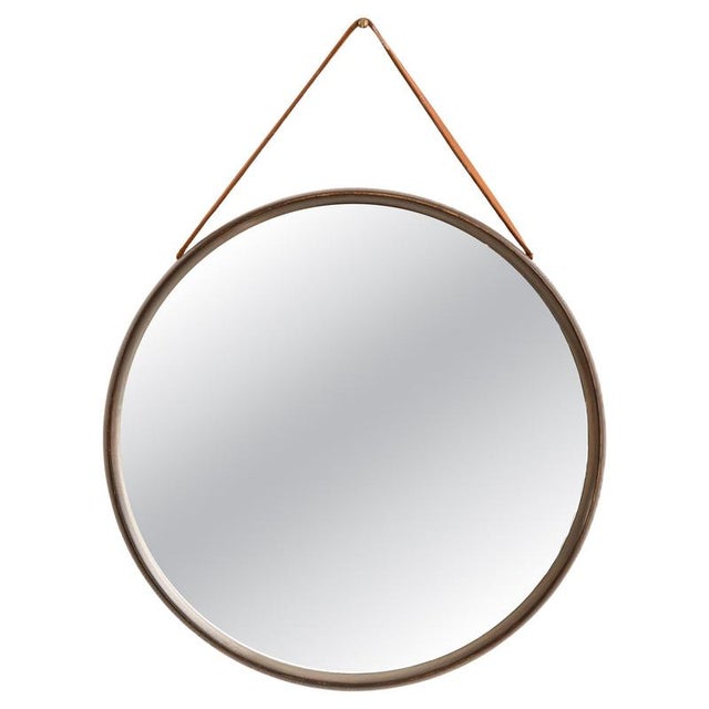 1950s Round Mirror with Dark-Stained Oak Frame attributed to Uno & Östen Kristiansson, 1950s For Sale - Image 5 of 5
