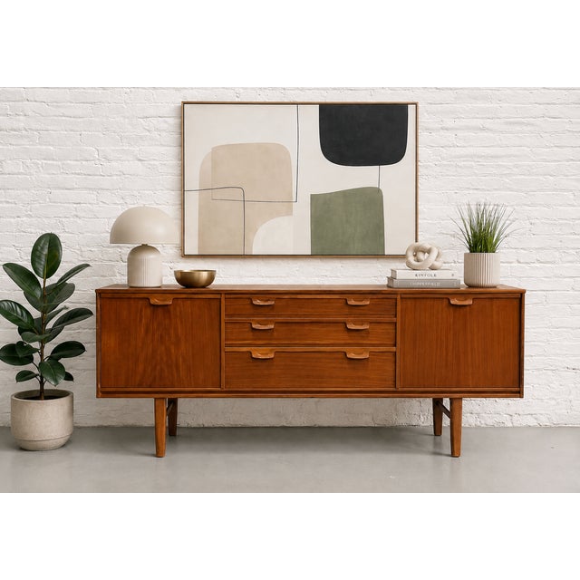 Vintage Danish Mid Century Modern Teak Credenza, crafted in the 1960s. This minimalist yet highly functional design works...