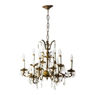 Antique Brass and Crystal Chandelier 12 Light For Sale