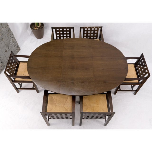 Late 20th Century Brown Oak Cassina Macintosh Drop Leaf Dining Table 6 Rush Seat Chairs Set Mint For Sale - Image 12 of 18