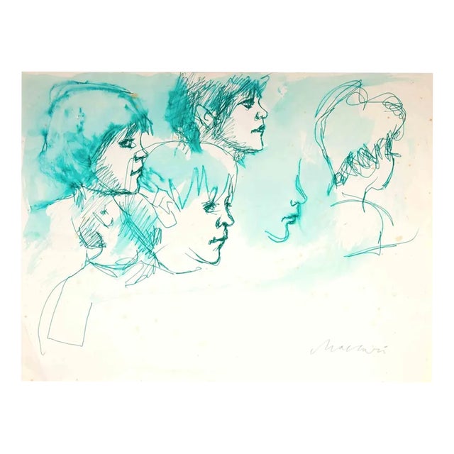 Mino Maccari, Portraits, 1960, Ink and Watercolor For Sale