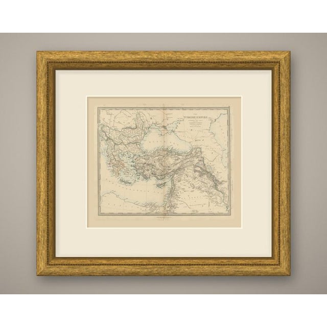 An original antique map of the Ottoman Empire, a steel engraving colored by hand in outline, with a pale blue wash along...