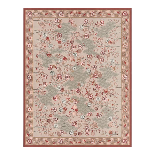 Rug & Kilim's Aubusson Rug, Cream With Red and Sage Floral Patterns For Sale