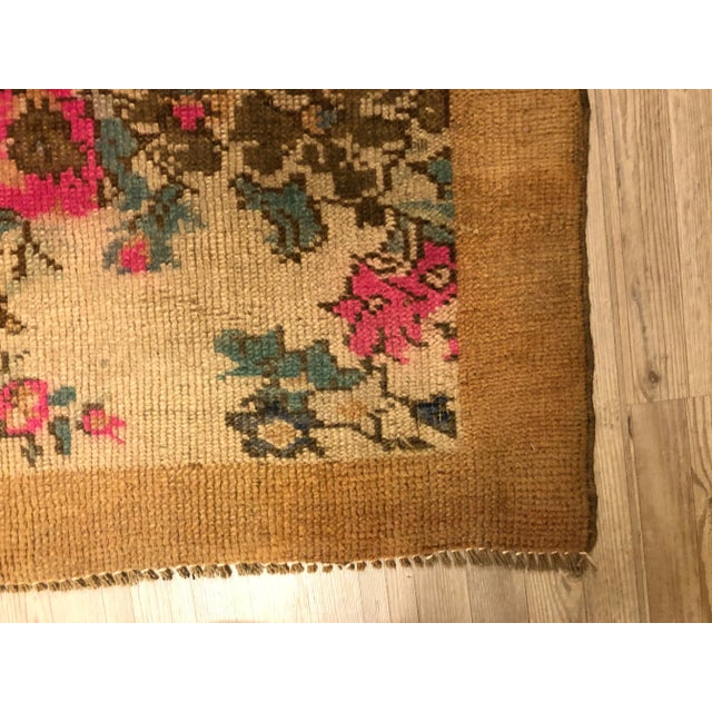 Vintage Handmade Tan Wool Pink Floral Rug For Sale - Image 10 of 11